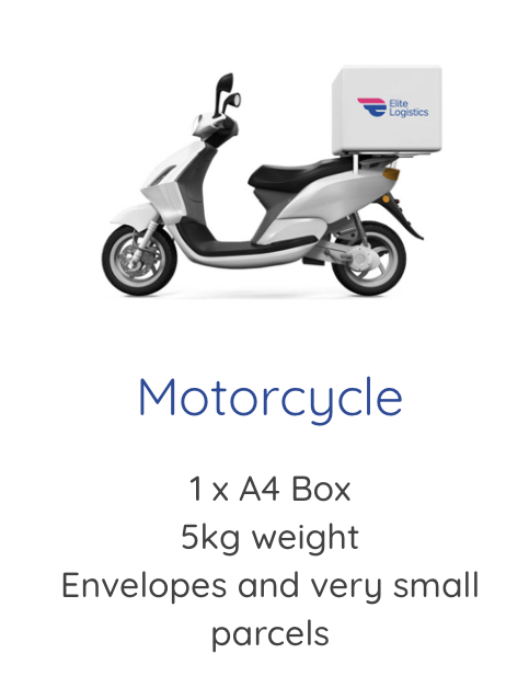 Elite Logistics motorbike with details of size and weight it can carry for courier purposes.