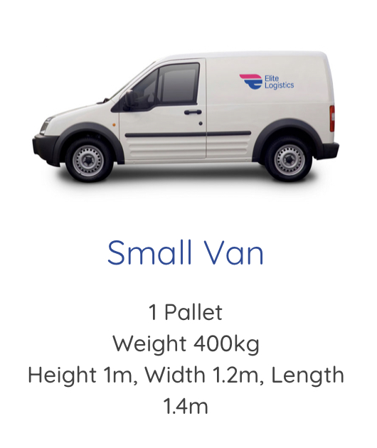 Elite Logistics small van with details of size and weight it can carry for courier purposes.