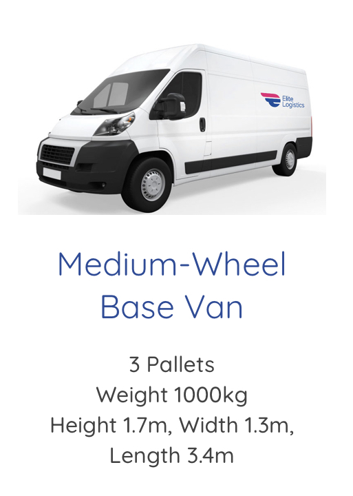 Elite Logistics medium wheel base van with details of size and weight it can carry for courier purposes.