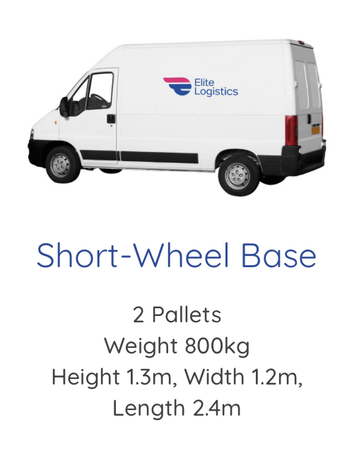 Elite Logistics short wheel base van with details of size and weight it can carry for courier purposes.